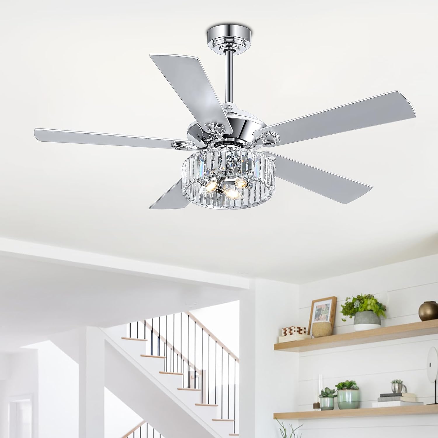 52' Ceiling Fan with Crystal Light Remote Control, 5 Reversible Blades, Quiet DC Motor, 6-Speed, Timer, Modern Crystal Caged Ceiling Fan Chandelier for Bedroom Living Room, Chrome