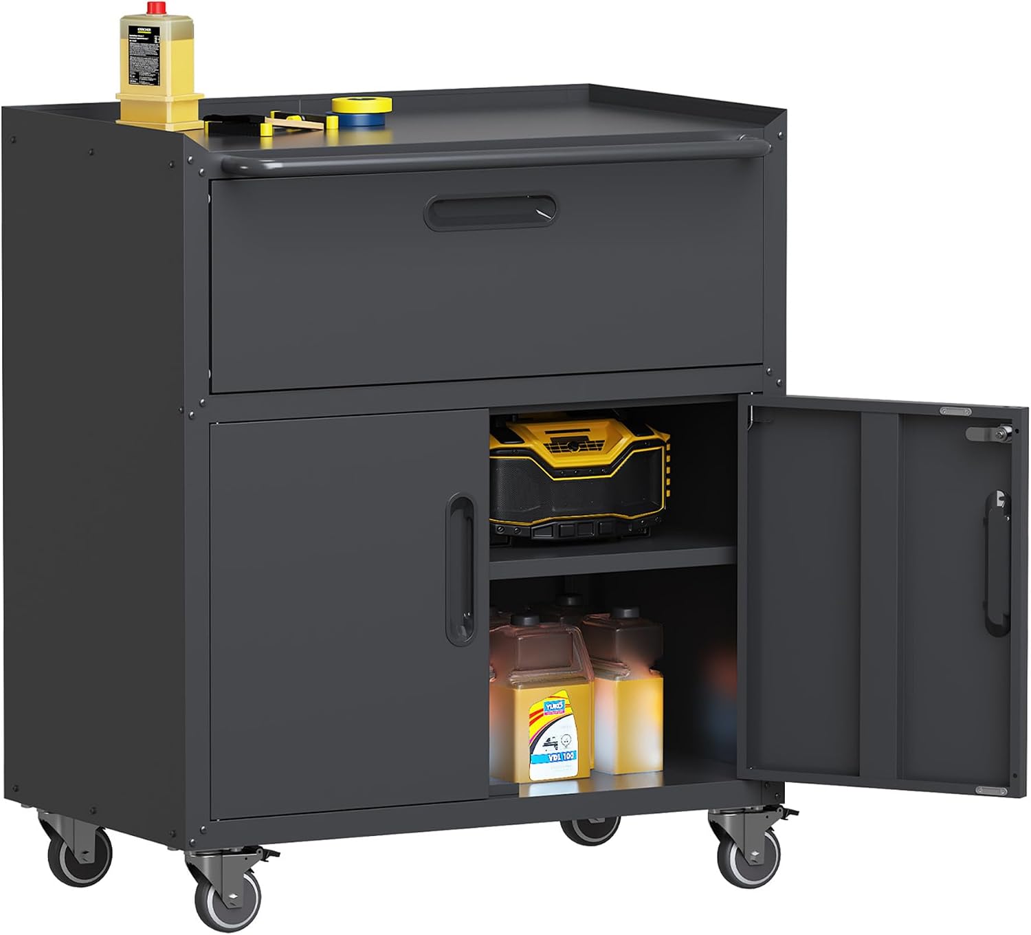 Garage Storage Cabinets with Wheels, Locking Metal Storage Cabinets with 2 Doors and 1 Drawer, Easy Assembly Tool Cabinet for Garage, Basement,Warehouse