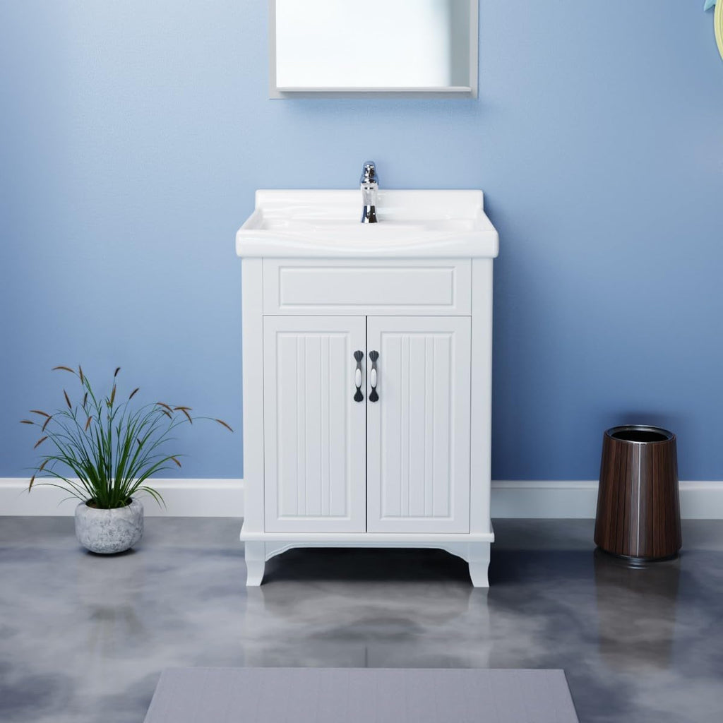 Renovators Supply Manufacturing Adeline White Wooden Cabinet Vanity Sink 24.25' W Large Free Standing Bathroom Sink Combo with Cabinet, Basin Sink, Overflow, Drain, Backsplash and Hardware