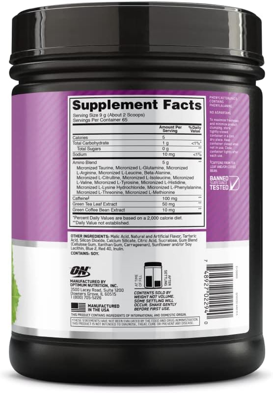 Optimum Nutrition Amino Energy - Pre Workout with Green Tea, BCAA, Amino Acids, Keto Friendly, Green Coffee Extract, Energy Powder - Concord Grape, 65 Servings (Packaging May Vary) (Pack of 6)