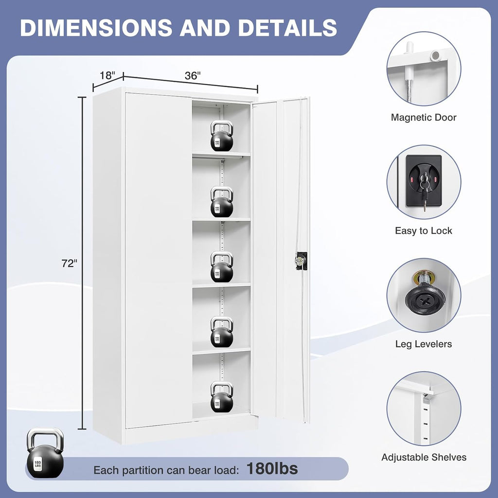 Metal Storage Cabinet with Lock,Lockable Garage Cabinet with 2 Doors and 5 Adjustable Shelves,Tall Steel Cabinets for Garage,Workshop,Gym,School