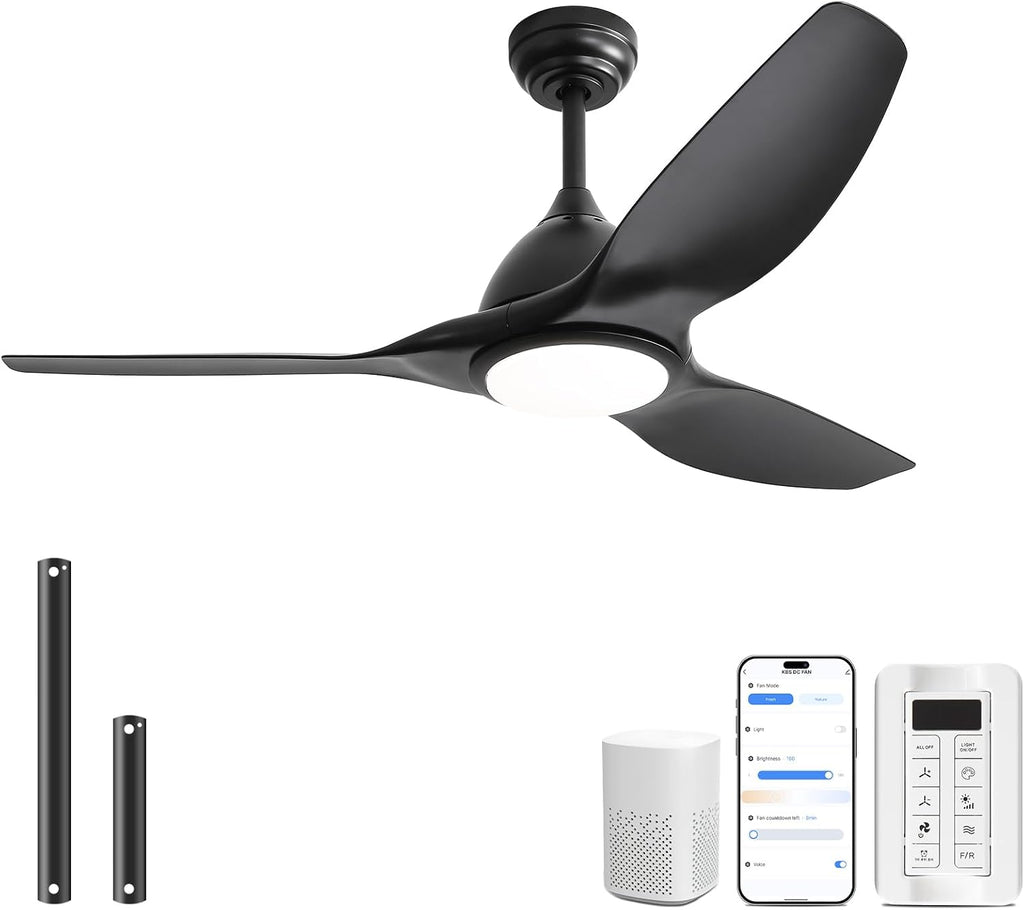 Sofucor 52 Inch Smart Ceiling Fan with Light, Modern Ceiling Fan with 3 Plastic Blade, Quiet, Dimmable, Compatible with Alexa/Google/App, 6 Speeds 7000CFM, Timer Quiet Reversible DC Motor, Black