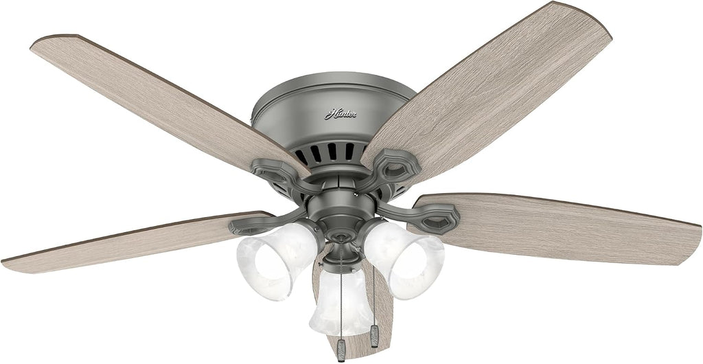 Hunter 52 inch Indoor Ceiling Fan with LED Lights - Ceiling Fan with Pull Chain, For Bedroom, Living Room, or Kitchen, Low Profile Flush Mount, No Remote, 5 Blades - Builder 51113, Matte Silver