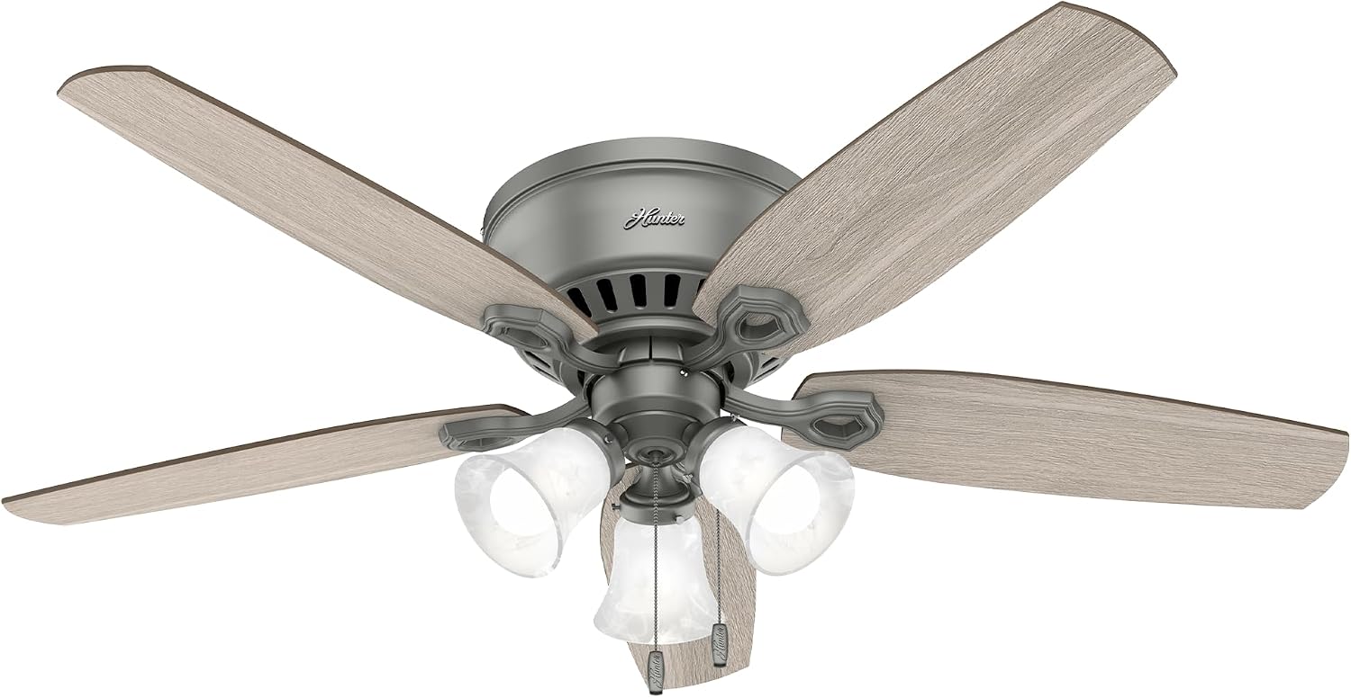 Hunter 52 inch Indoor Ceiling Fan with LED Lights - Ceiling Fan with Pull Chain, For Bedroom, Living Room, or Kitchen, Low Profile Flush Mount, No Remote, 5 Blades - Builder 51113, Matte Silver