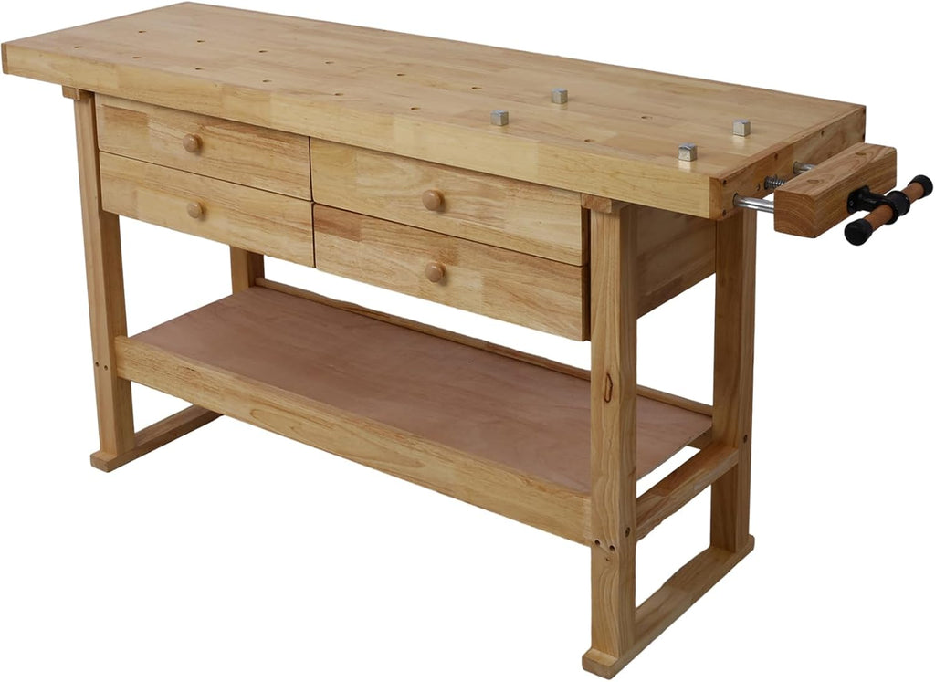 LifeSky Wooden Workbench with 4 Drawers - Heavy Duty 330lb Capacity Garage Workbench for Woodworking & DIY - Rubber Wood Work Table with Storage & F Clamps for Home Workshop & Tool Organization
