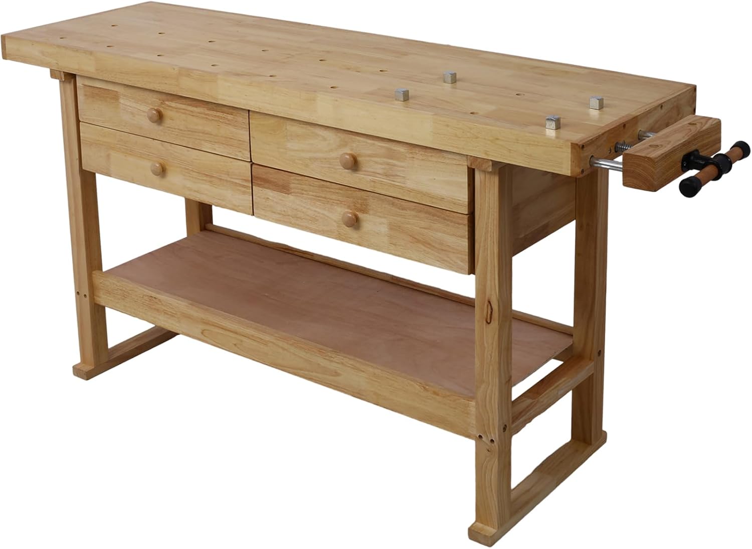 LifeSky Wooden Workbench with 4 Drawers - Heavy Duty 330lb Capacity Garage Workbench for Woodworking & DIY - Rubber Wood Work Table with Storage & F Clamps for Home Workshop & Tool Organization
