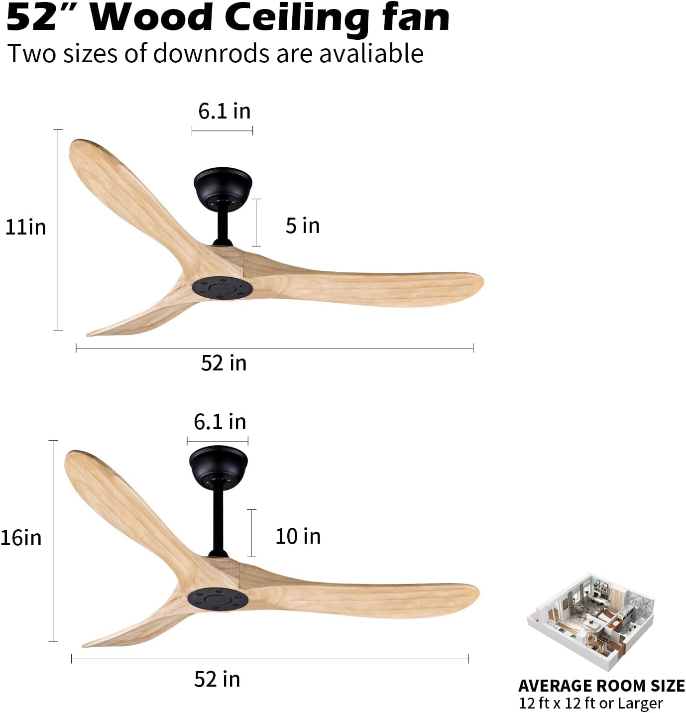 Bigzone 52' Outdoor/Indoor Ceiling Fans Without Lights, DC Motor Energy Saving, 3 Solid Wood Blades, Outdoor Ceiling Fans For Patios With Reversible Blades