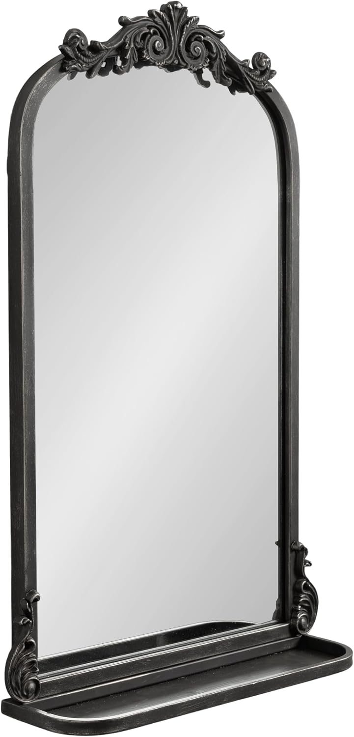 Kate and Laurel Arendahl Traditional Vintage Arch Mirror with Shelf, 16 x 25, Black, Baroque Antique Arched Wall Mirror with Functional Shelf and Ornate Frame