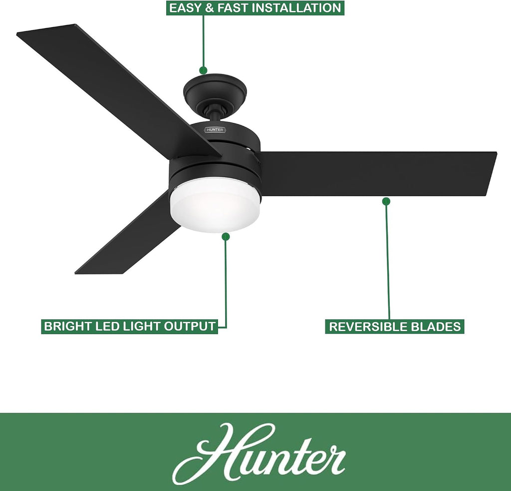Hunter Fan 54 inch Ceiling Fan with Lights and Remote, Outdoor or Indoor Black Modern Ceiling Fan for Porch, Living Room, Office, Kitchen (Renewed)