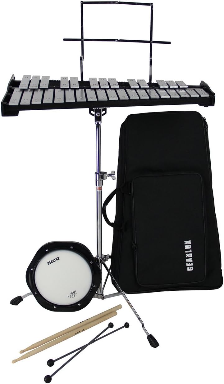 Gearlux 32-Note Glockenspiel Bell Kit with Adjustable Stand, Drum Practice Pad, Carrying Bag