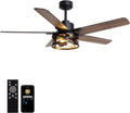 52 Inch Ceiling Fans with Lights and Remote Control, Low Profile Farmhouse Ceiling Fan for Bedroom Living Room and Patio, Black Caged Ceiling Fan for Indoor and Outdoor（NO BULBS）