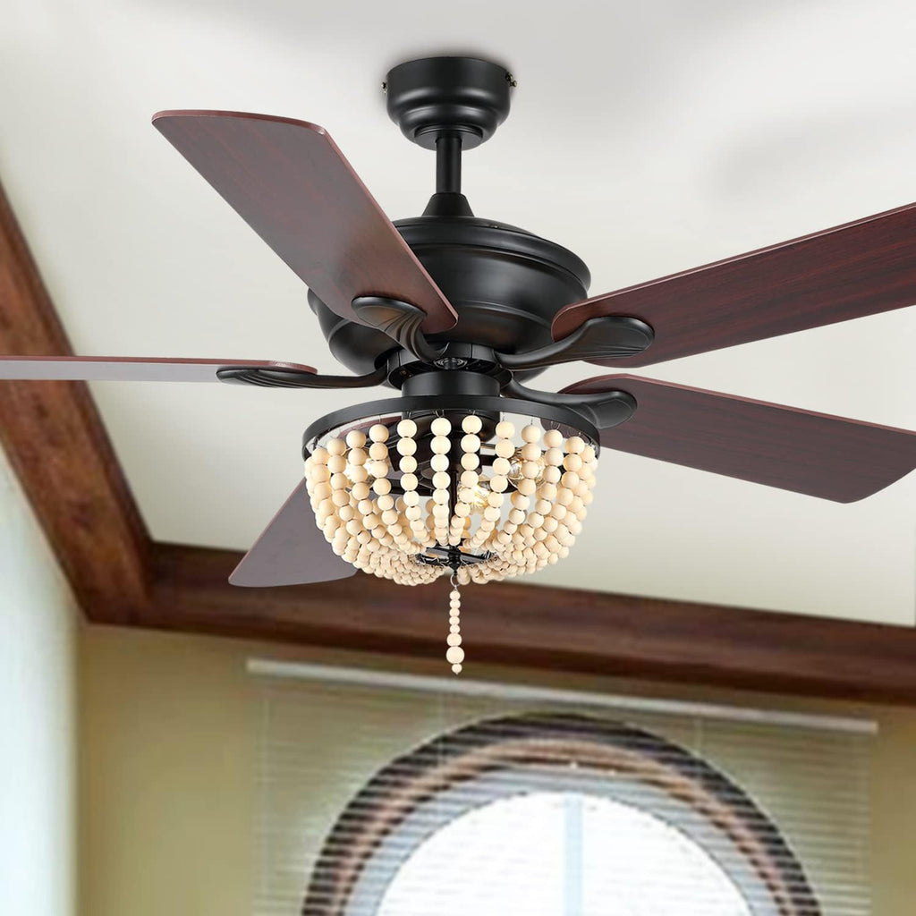 JONATHAN Y 52' Black/Light Brown 3-Light LED Ceiling Fan with Remote and App Control, Bohemian Farmhouse Chandelier, Light Brown Wood Bead Shade, Reversible Wood Blades (JYL9618B)