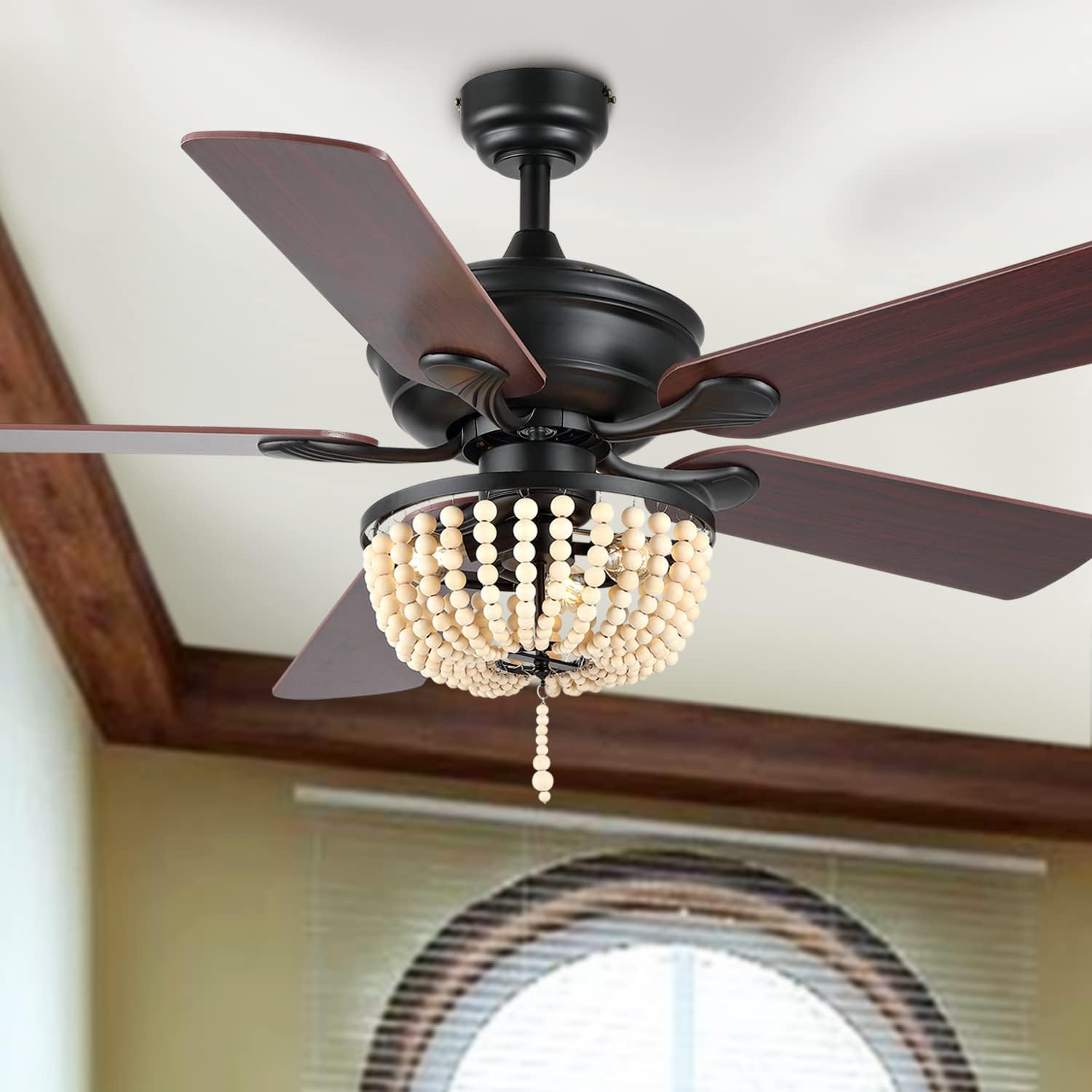 JONATHAN Y 52' Black/Light Brown 3-Light LED Ceiling Fan with Remote and App Control, Bohemian Farmhouse Chandelier, Light Brown Wood Bead Shade, Reversible Wood Blades (JYL9618B)