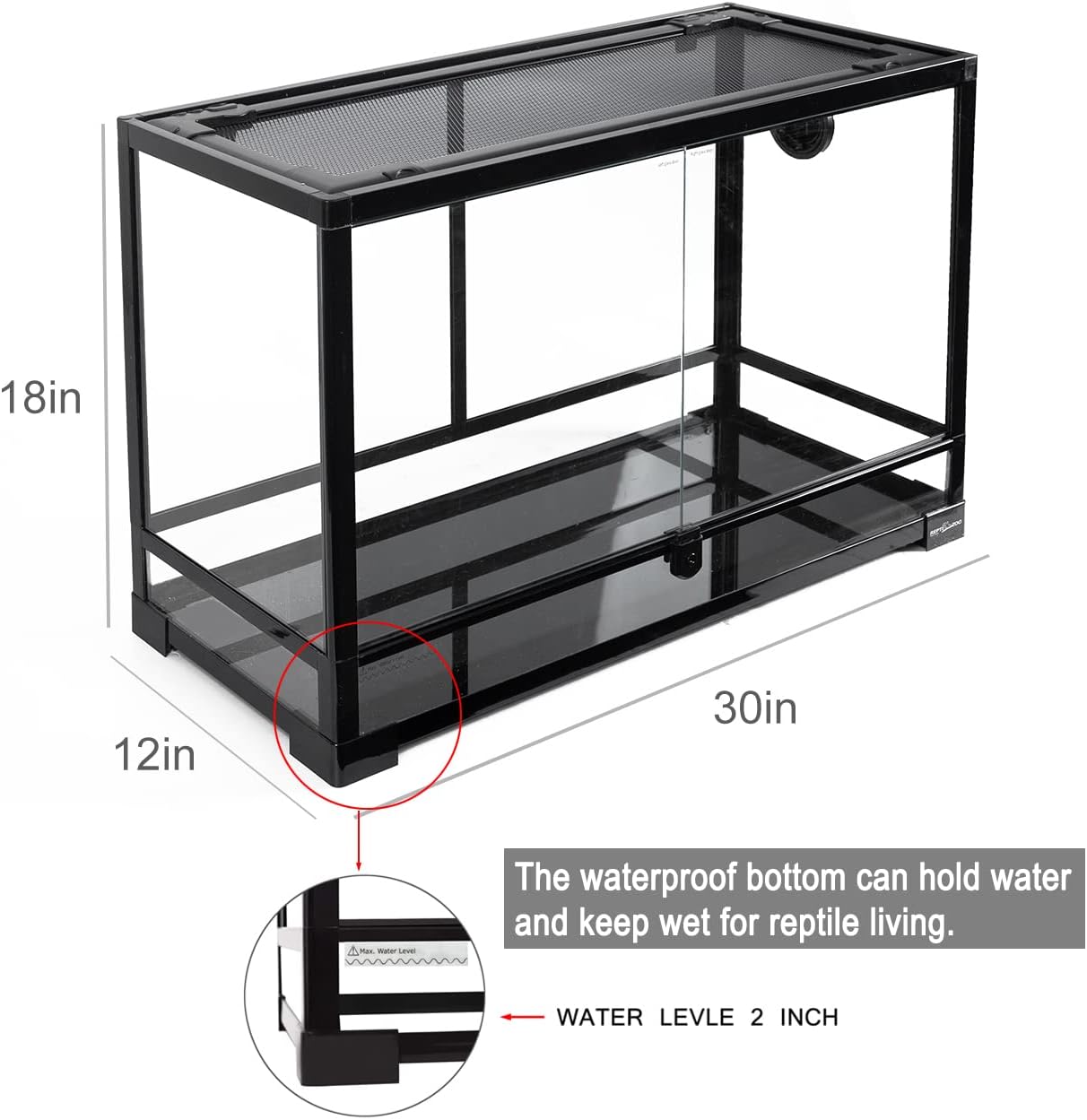 REPTI ZOO Tempered Glass Reptile Terrarium 30 Gallon, Wide Reptiles Tank 30' x 12'x 18' for Reptile Pets Bearded Dragon Gecko Lizard, Double Front Opening Doors Top Screen Ventilation