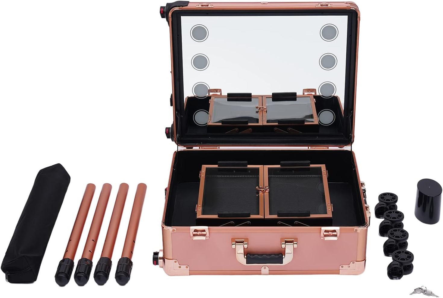Aluminum Trolley Makeup Train Case with LED Light & Mirror,Professional Cosmetic Travel Box with Retractable Legs, Rolling Lighted Makeup Vanity Station for Travel (Rose Gold)