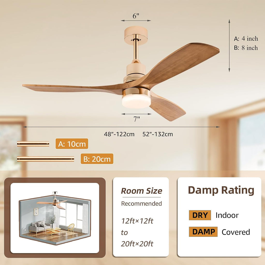 Modern Indoor Ceiling Fan with Light Remote Control,3 Solid Wood Blades,6 Speed DC Motor,22W Dual Color LED, Outdoor Ceiling Fan Chandelier for Living Room,Bedroom,Patio,Dining Room (Glossy Gold 48in)