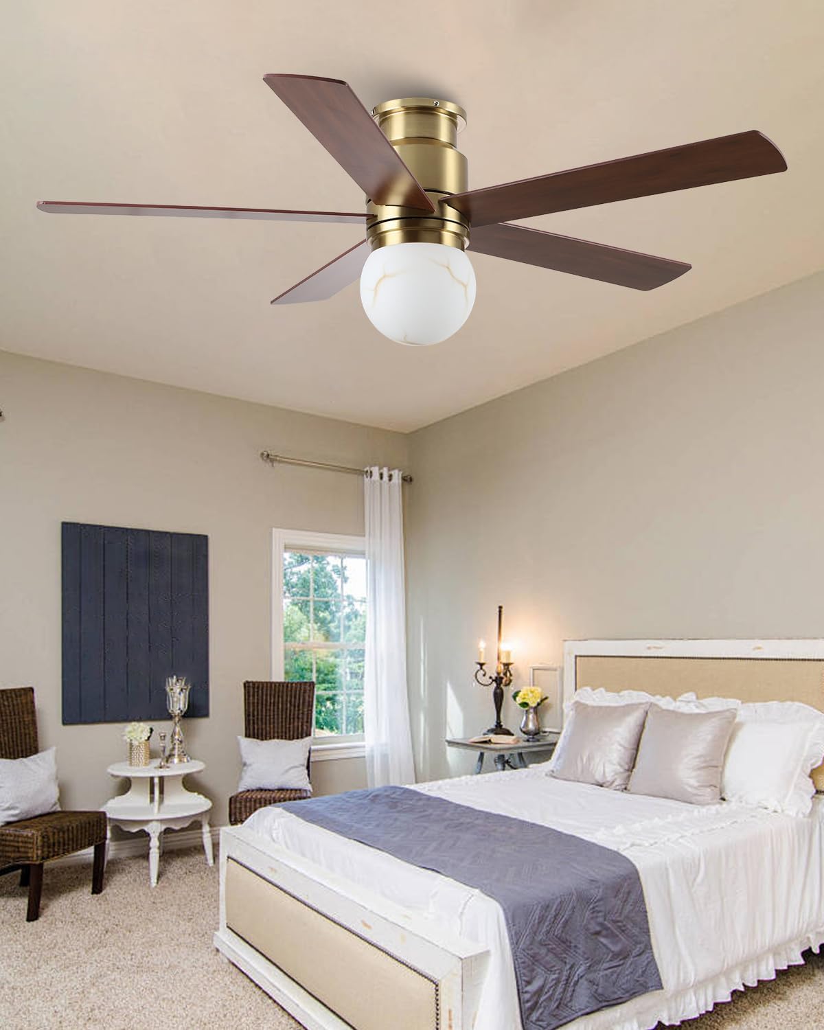 Parrot Uncle Flush Mount Ceiling Fan with Lights, 52 Inch Gold Ceiling Fan with Remote for Bedroom Living Room Kitchen, 6 Speeds, 3 CCT LED Light,Timing and Memory Function, 5 Blades