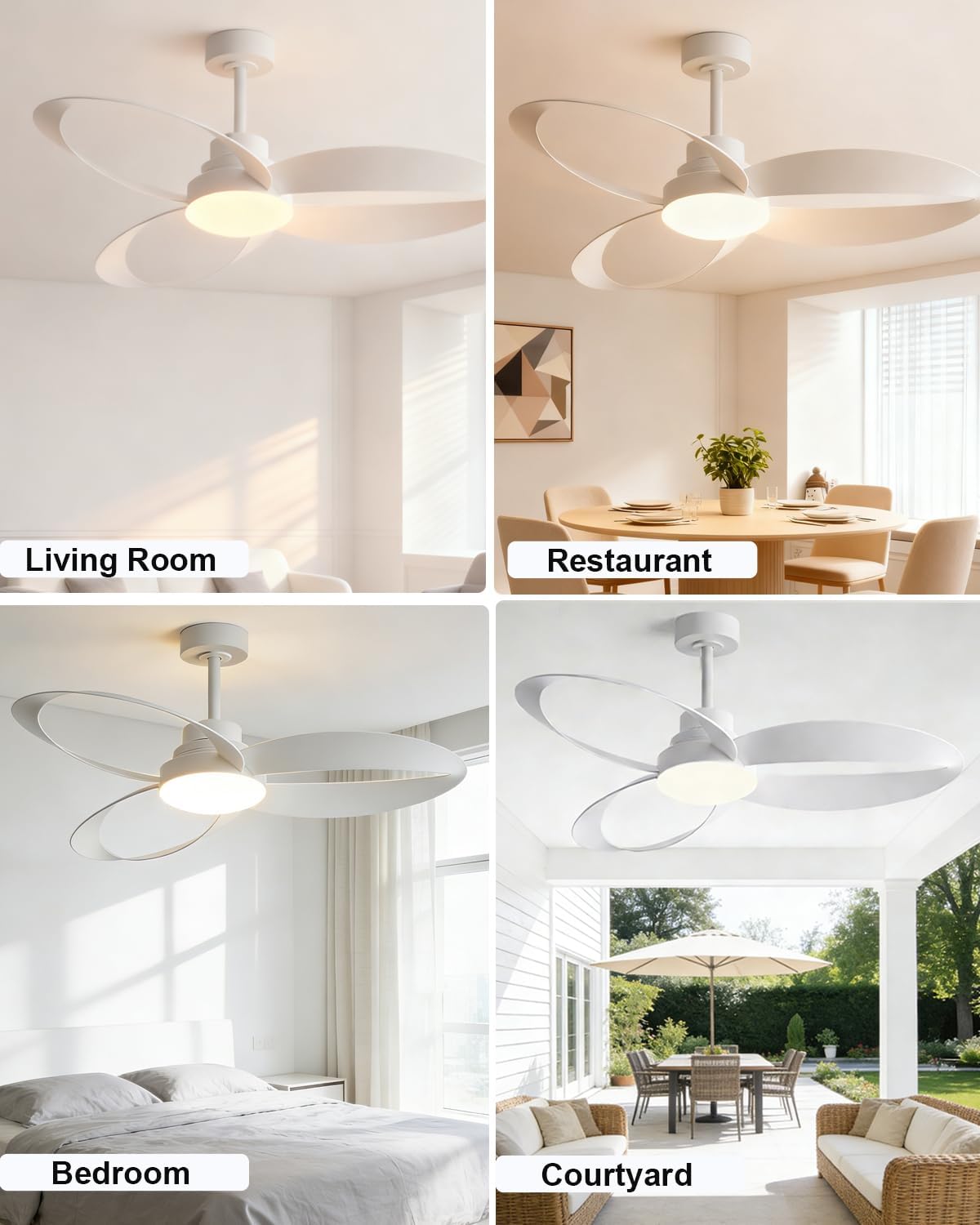 52 inch White Modern Ceiling Fans With Lights And Remote,New Round 3 Blades With 24W 2400LM High Bright LED Light, Quiet Powerful DC Pure Copper Motor for Patio Living Room Bedroom Indoor Outdoor