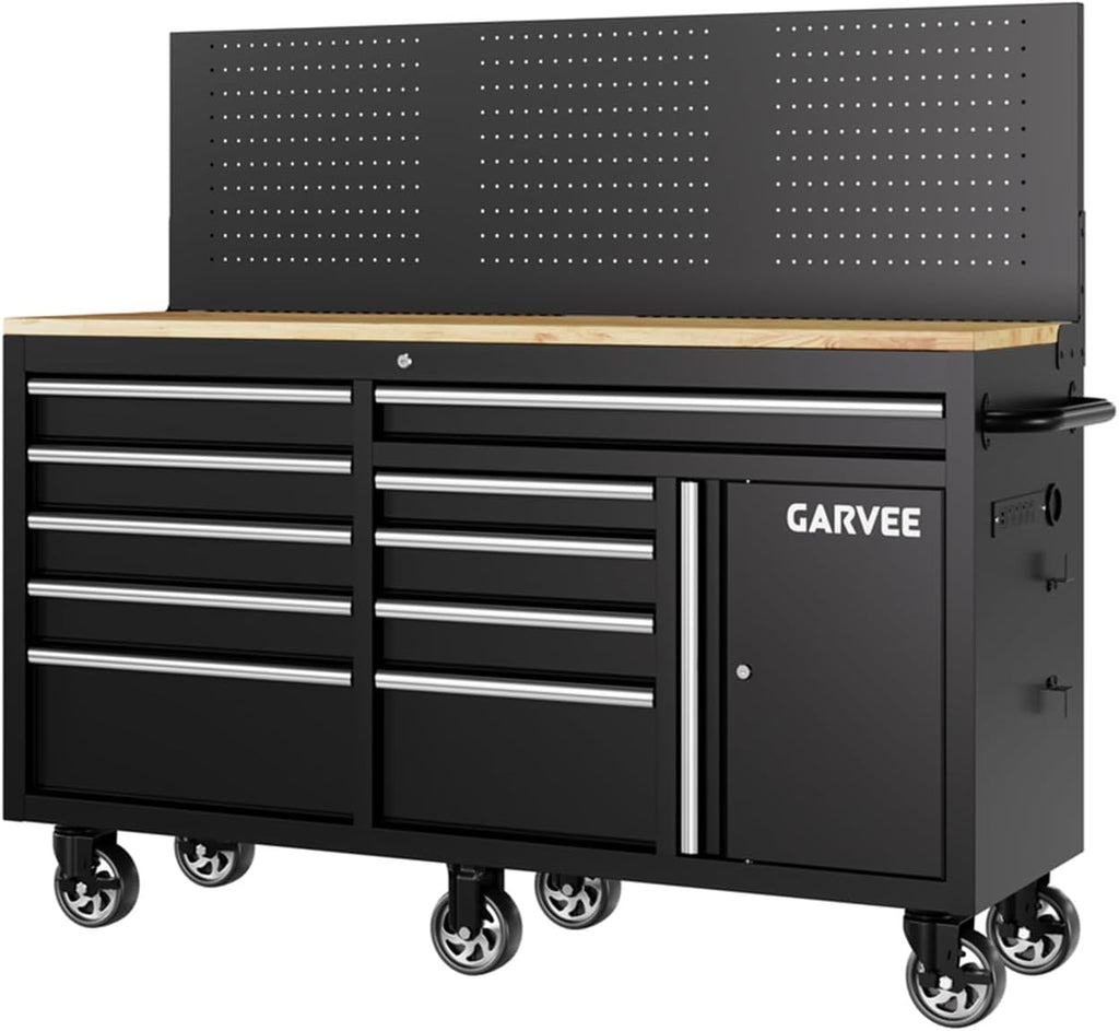 60 Inch Rolling Tool Chest Workbench, 10 Drawer Tool Box with Pegboard & Lock, Mobile Garage Tool Cabinet with Charging Station, Heavy Duty Workbench for Workshop, Black