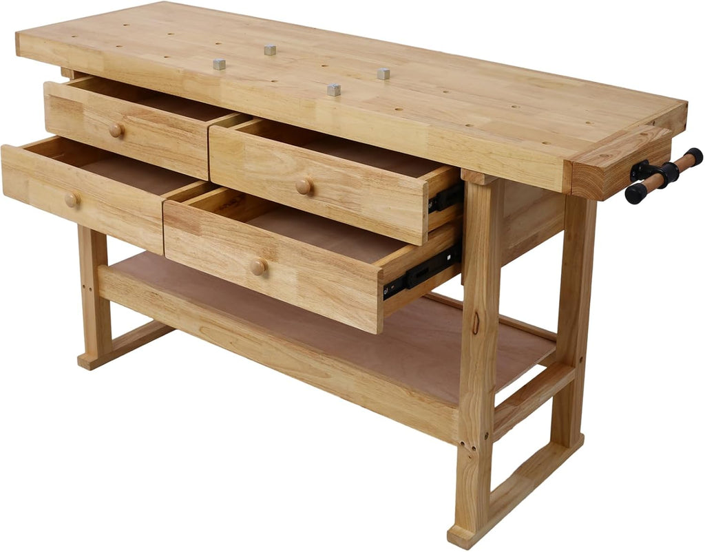 LifeSky Wooden Workbench with 4 Drawers - Heavy Duty 330lb Capacity Garage Workbench for Woodworking & DIY - Rubber Wood Work Table with Storage & F Clamps for Home Workshop & Tool Organization