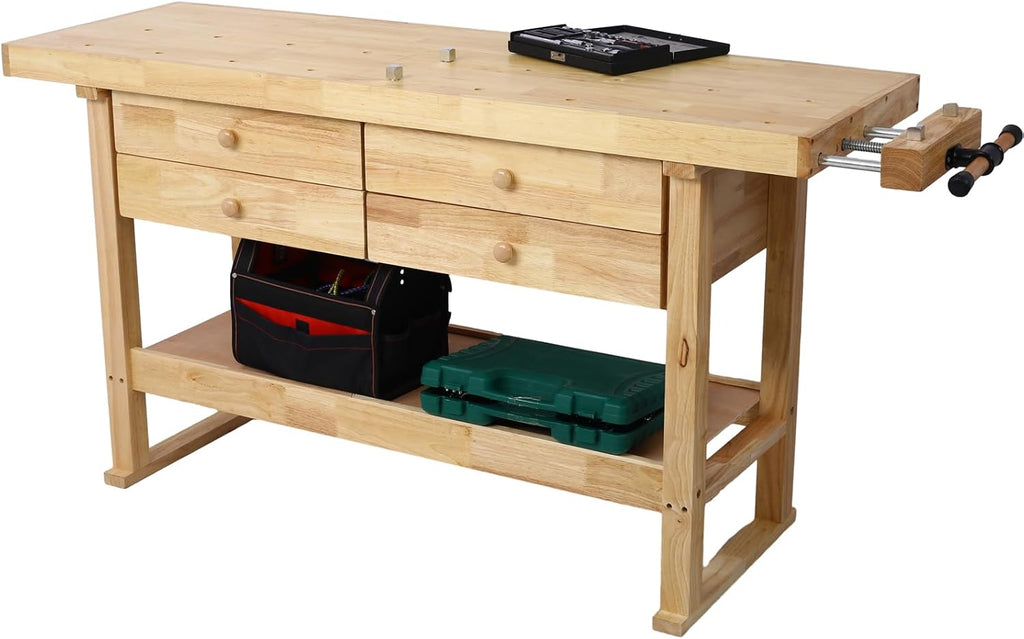 Wood Workbench, 60' Acacia Hardwood Workbench with 4 Drawer, Heavy Duty Work Bench Table, with 2 Bar Clamps Set 24' x 4-3/4' Throat, for Garage, Workshop, Home Storage