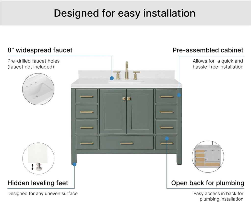 ARIEL Cambridge 48-inch Bathroom Vanity with Sink,Solid Wood, 1.5-inch Carrara White Quartz Countertop, Single Rectangular Porcelain Sink, 2 Soft Closing Doors, 9 Dovetail Drawers, Vintage Green