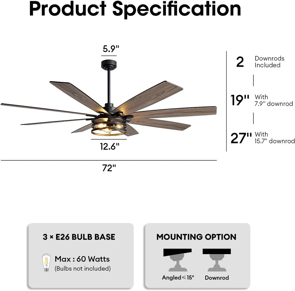 LuminFan 72 inch Large Ceiling Fans with Lights and Remote, Black Modern Ceiling Fan for Living Room, Patios, 6 Speed Reversible Quiet DC Motor, 8 Blades, Easy to Install