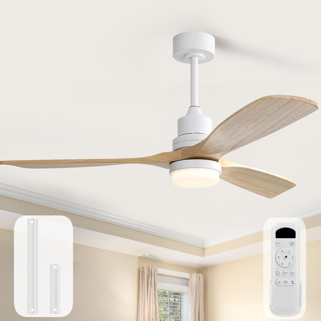 Sofucor 52 Inch Ceiling Fans with Lights and Remote Control-Modern Solid Wood Blade Outdoor Ceiling Fan for Bedroom Living Room Indoor/Bedroom/Living Room/Patio/Dining Room,Quiet DC Motor,Natural Wood