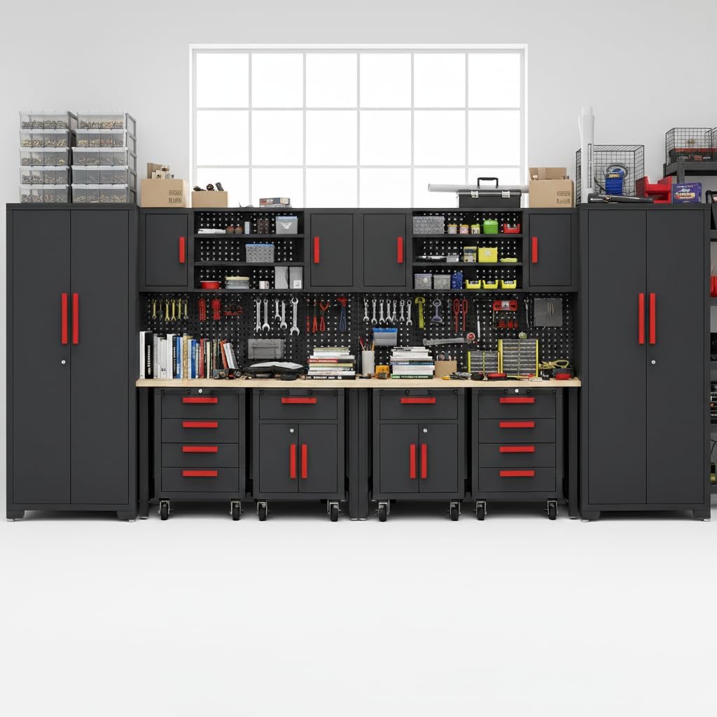Garage Storage Cabinet System, 12PCS Garage Cabinets and Storage System Kit Workshop Set with Steel Cabinet, Cabinet Drawers, Workbench, Red Handle