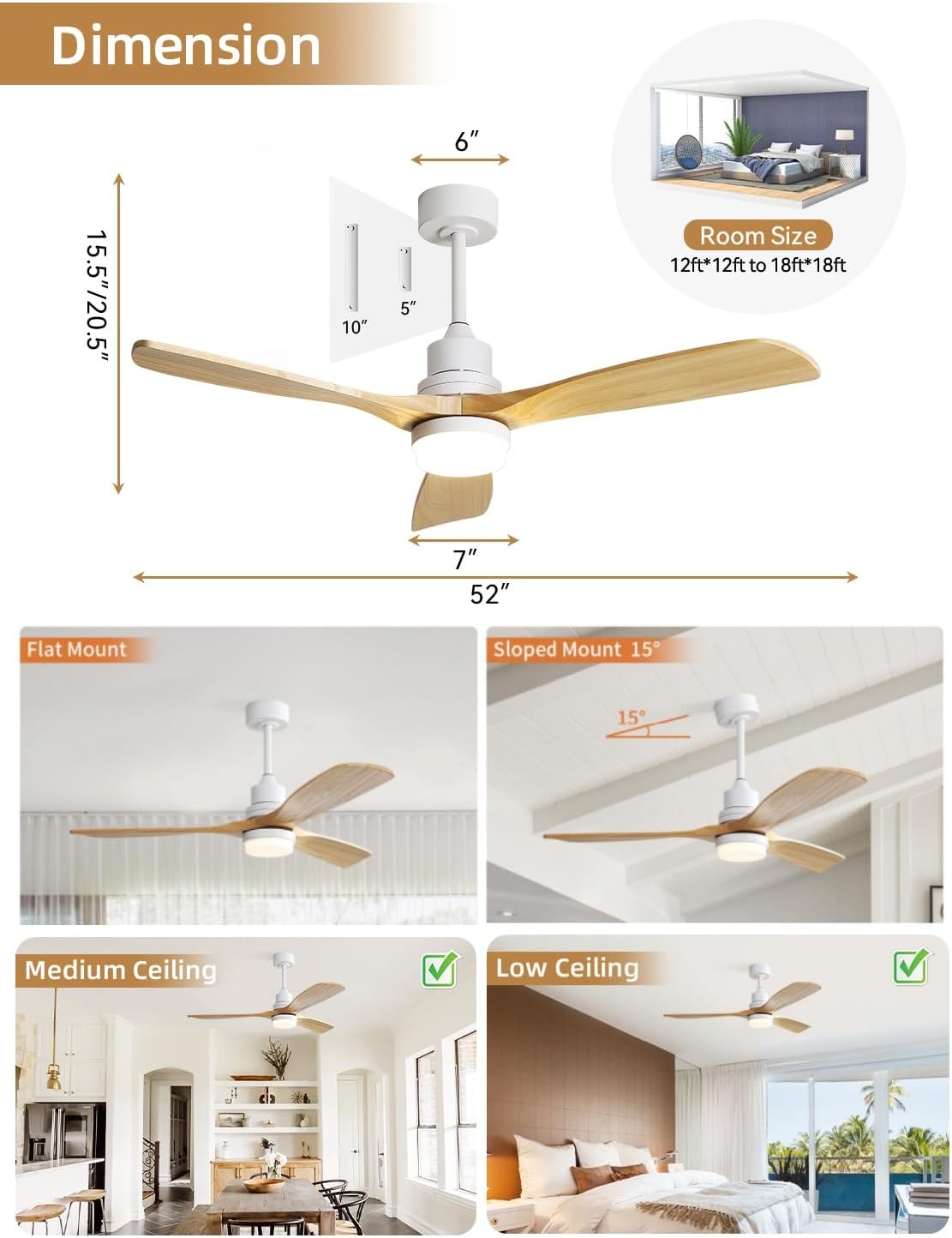 Sofucor 52 Inch Smart Ceiling Fans with Lights and Alexa/Google Assistant/APP/Remote Control-Modern Solid Wood Outdoor 3 Blades Ceiling Fan for Indoor/Bedroom/Living Room/Kitchen/Patio, Natural Wood