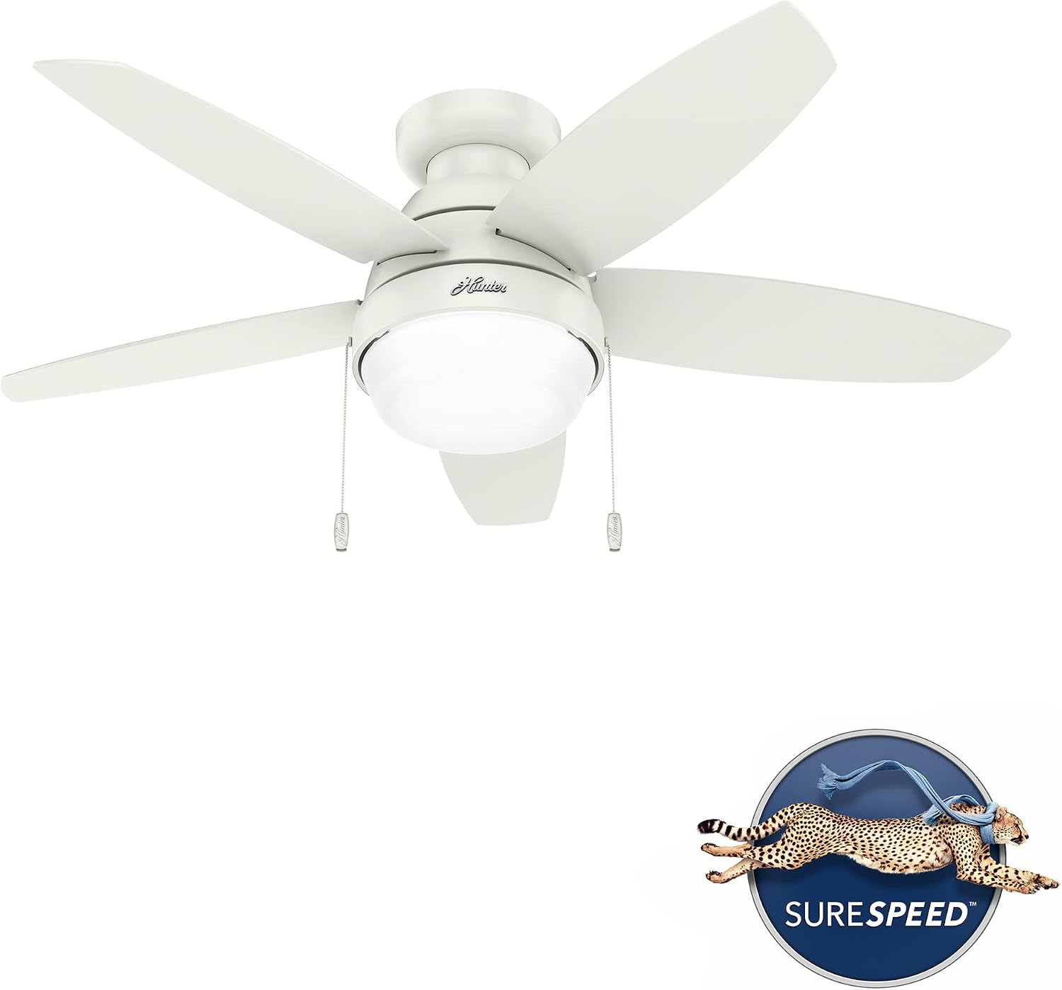 Hunter 44 inch Indoor Ceiling Fan with LED Light - White Ceiling Fan with Pull Chain, For Bedroom, Living Room, or Kitchen, Low Profile Mount, No Remote, 5 Blades - Lilliana 51224, Fresh White