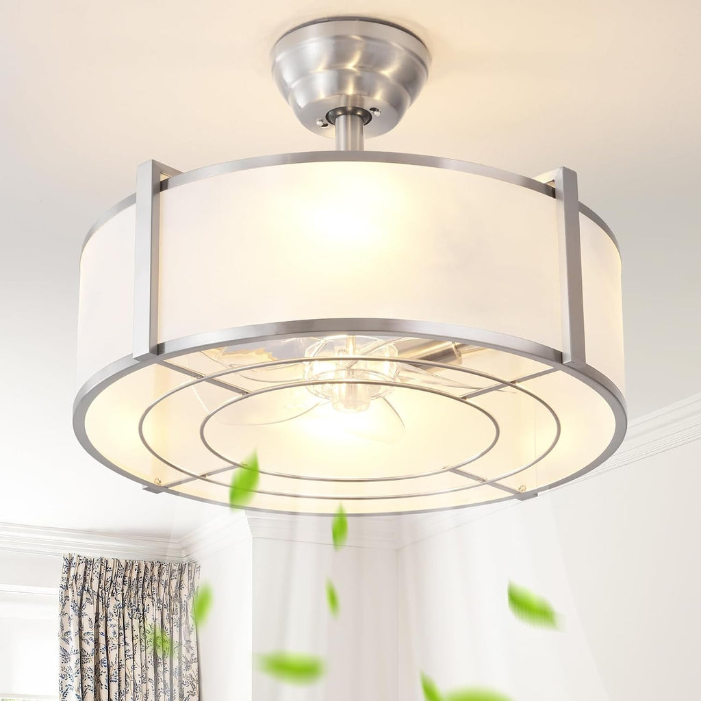 20' Silver Fandelier Ceiling Fans with Lights, Boho Rattan Ceiling Fan with Light Remote Control, Caged Mid-Century Modern with 6 Speeds for Bedroom, Nursery, Living Room