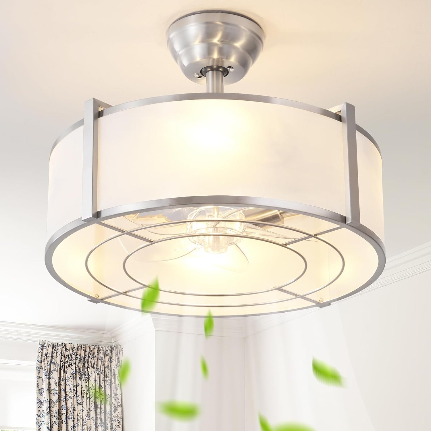 20' Silver Fandelier Ceiling Fans with Lights, Boho Rattan Ceiling Fan with Light Remote Control, Caged Mid-Century Modern with 6 Speeds for Bedroom, Nursery, Living Room