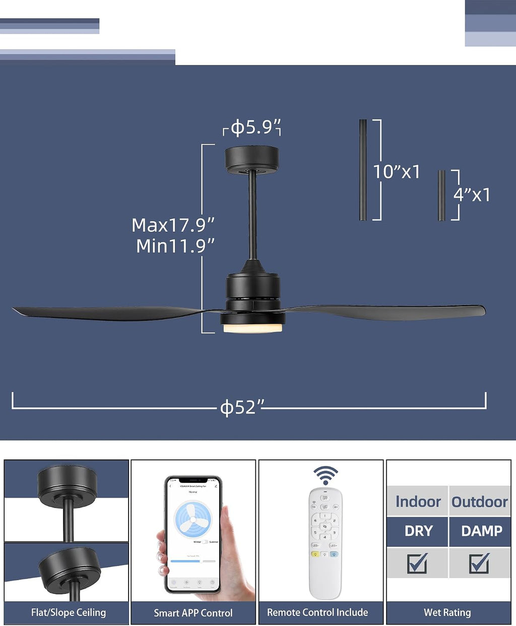 YOUKAIN Ceiling Fans with Lights, 52 Inch Smart Ceiling Fan Remote & APP Control, Reversible Blades, Matte Black, Indoor/Outdoor Modern Ceiling Fans for Living room, Bedroom, 52-YJ359-BK-SM