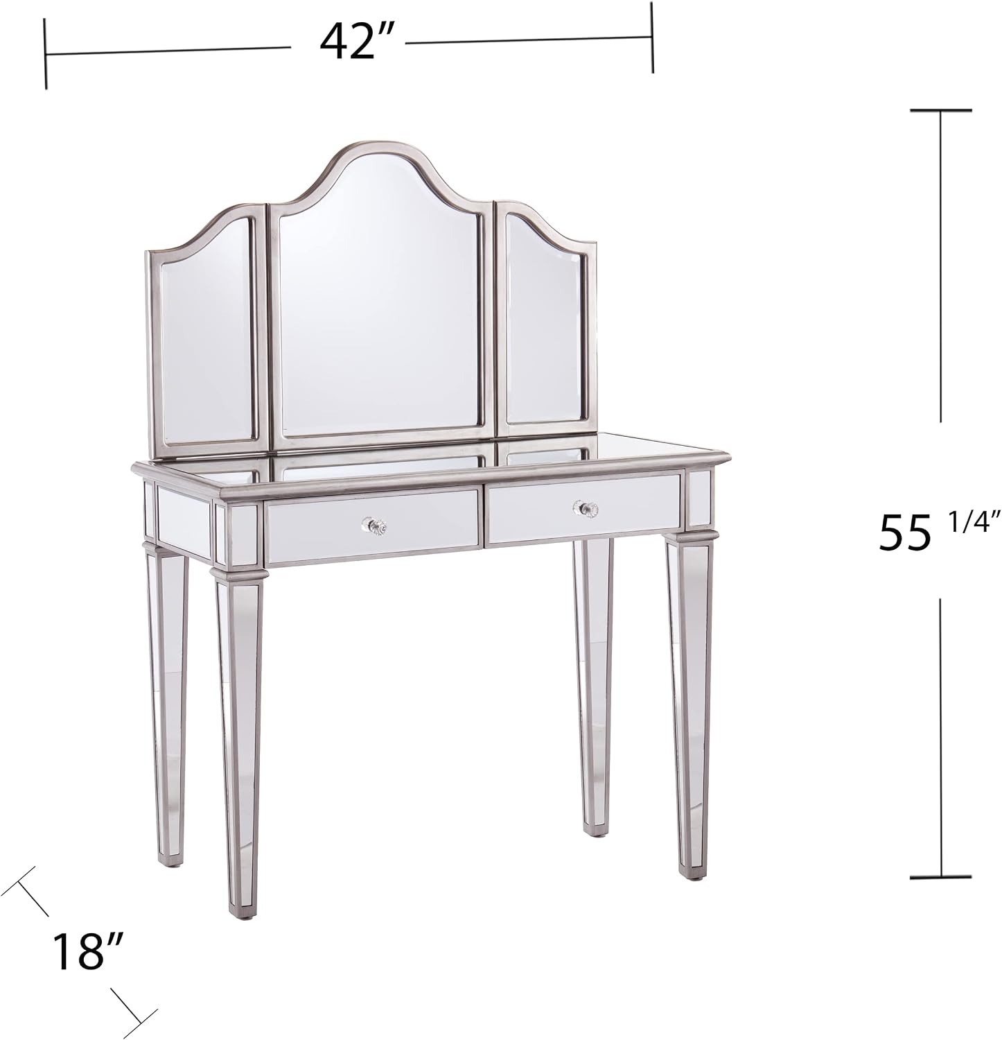 SEI Furniture - Kalla Mirrored Vanity Set with Storage - 2 Piece - Silver - Transitional Design - Ideal for Bathroom, Master Suite (HZ7581)
