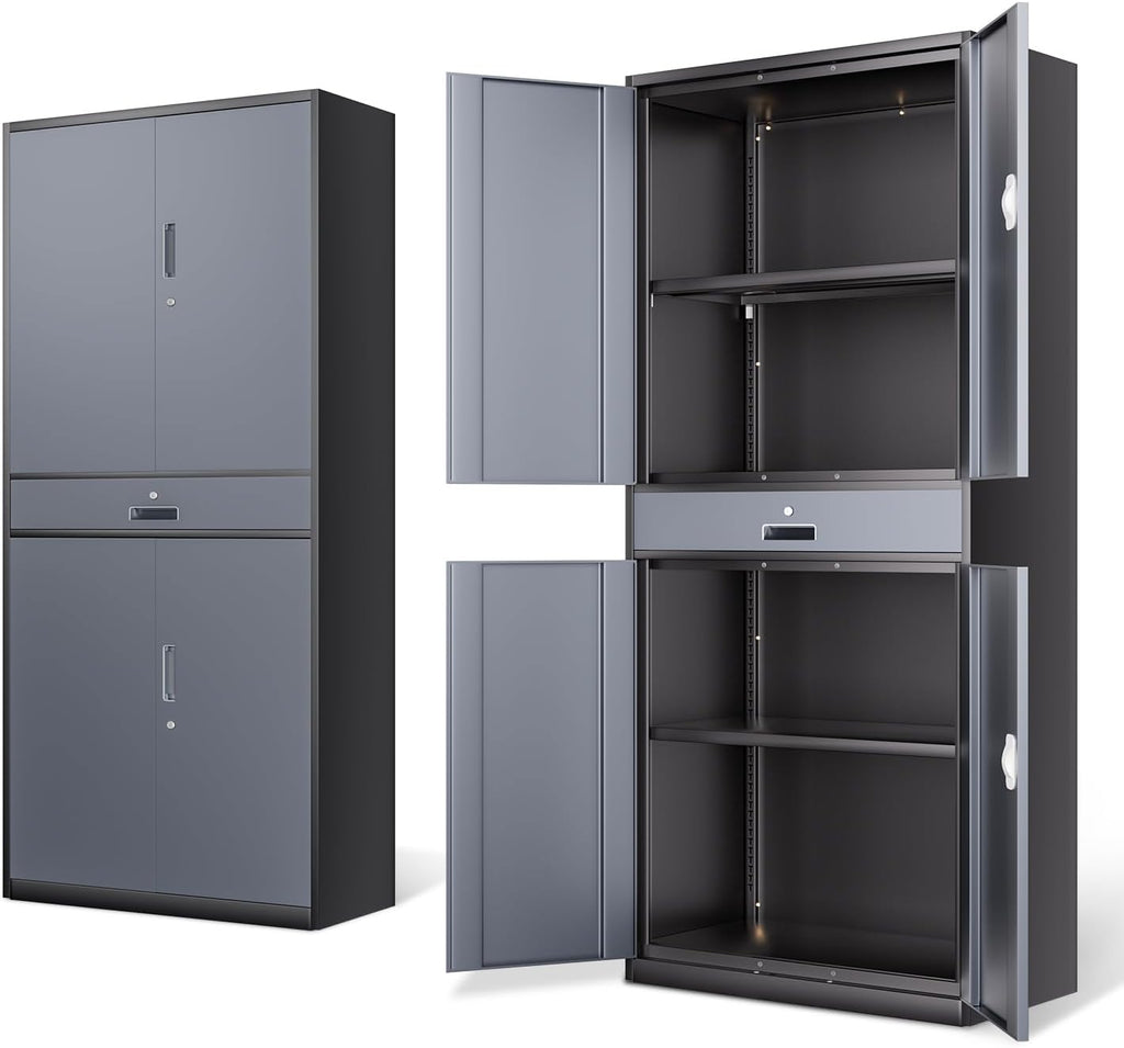 DNA Motoring 71'' Metal Storage Cabinet, Locking Tool Cabinet with 1 Drawer and Adjustable Shelves, Lockable Heavy Duty Metal Locker for Garage,Office,Home,Gym, Gray Black, TOOLS-00629-GY-BK-A