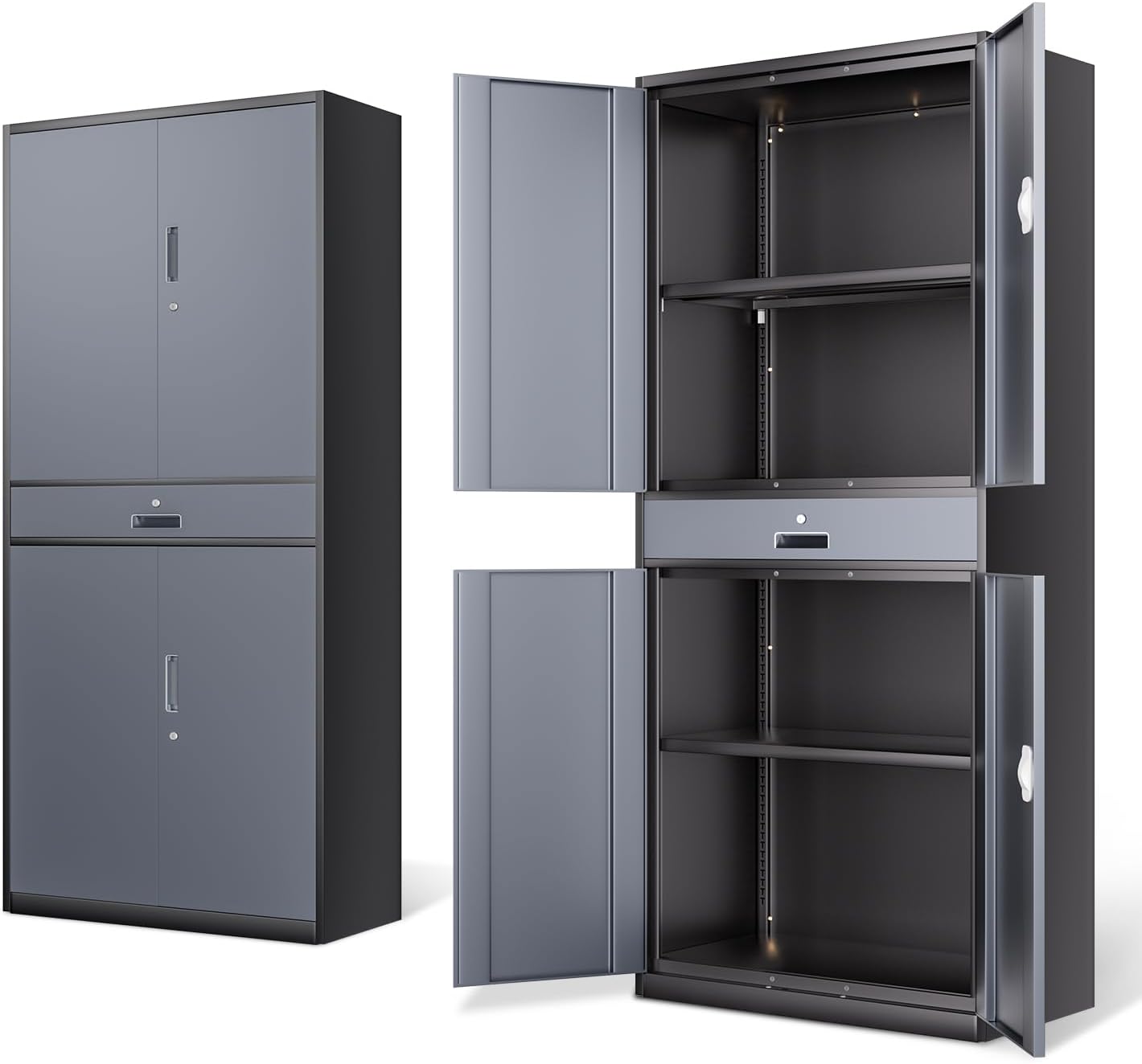 DNA Motoring 71'' Metal Storage Cabinet, Locking Tool Cabinet with 1 Drawer and Adjustable Shelves, Lockable Heavy Duty Metal Locker for Garage,Office,Home,Gym, Gray Black, TOOLS-00629-GY-BK-A