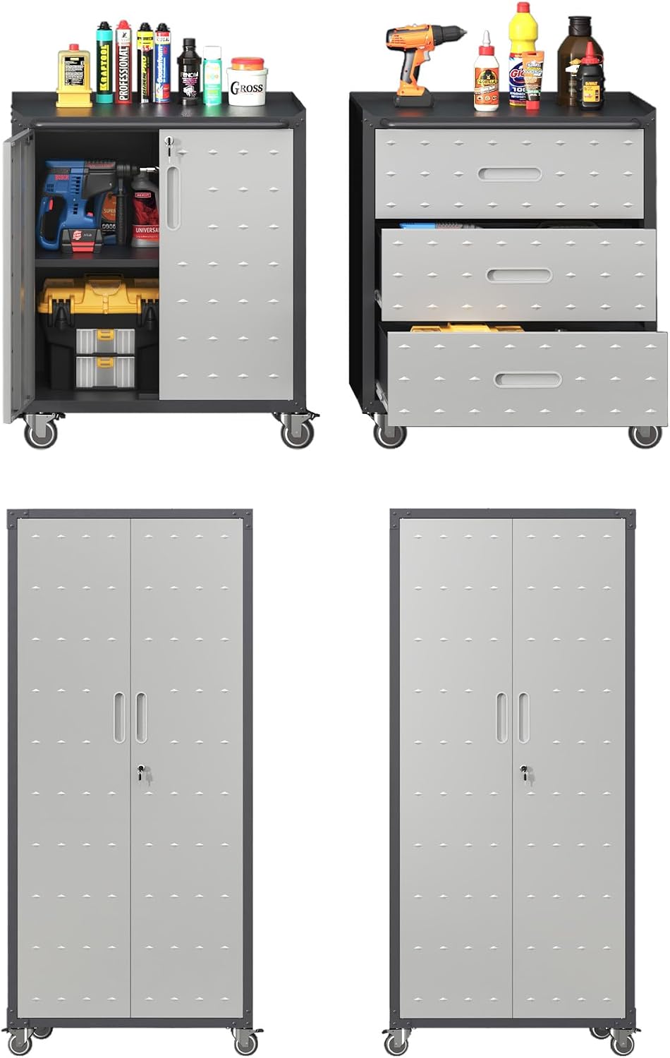AQY Metal Garage Storage Cabinets System,4 Piece Workshop Tool Cabinet Set Included Lockable Garage Storage Cabinet with Drawers Adjuest Shelves Rolling Chest and Wheels,Assembly Required