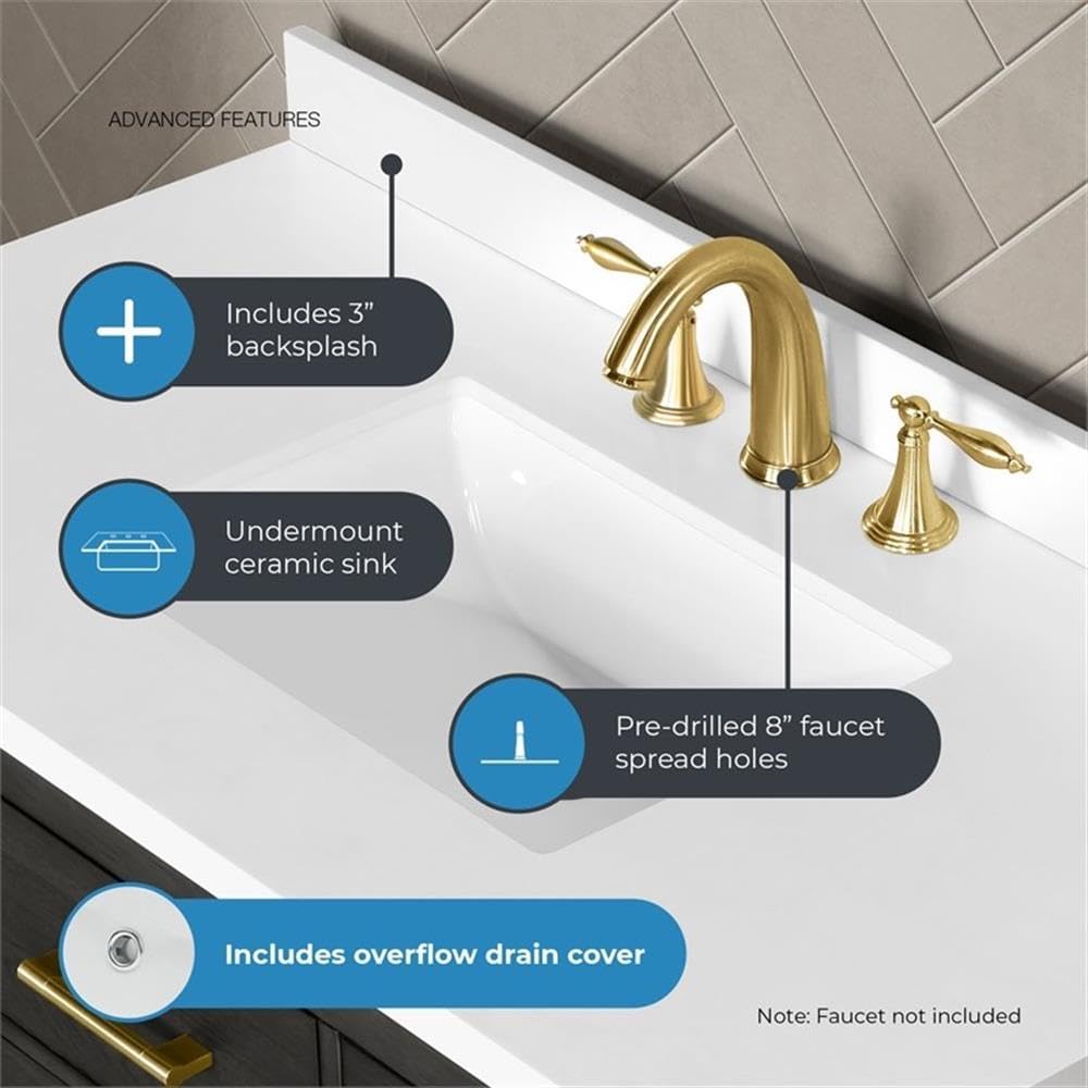 Pemberly Row 42' Bathroom Vanity, Matte Black Wood, White Quartz Countertop, 20' Undermount Sink, Brushed Gold Hardware, Shaker Style, Ample Storage, Ideal for Small Bathroom or Powder Room