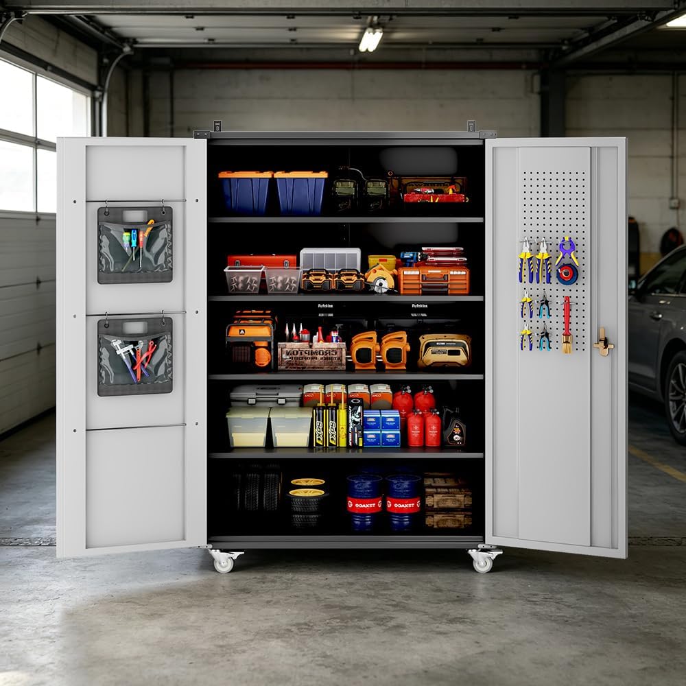 Yeeoy Wide & Deep Metal Garage Storage Cabinet with Pegboard & Adjustable Shelves, Lockable Storage Cabinet with Wheels, Tool Organization Cabinets for Office Garage, 43''W x 22''D x 72''H, Black Gray