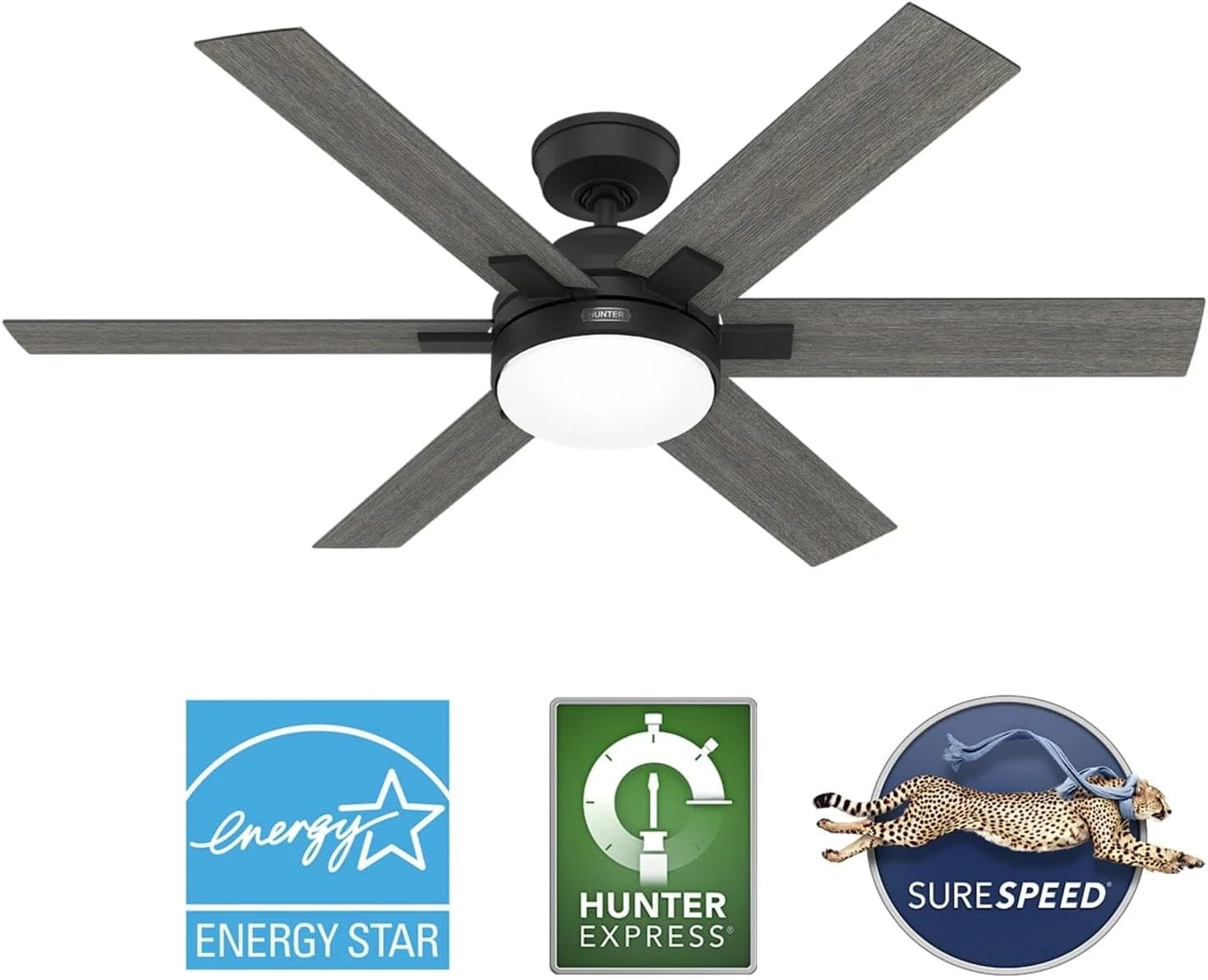 Hunter Fan 52 inch Matte Black Indoor Ceiling Fan with Light and Remote for Bedroom, Large Room/Great Room, Dining Room, Kitchen, Office (Renewed)
