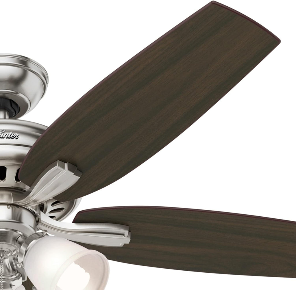 Hunter 52 inch Indoor Ceiling Fan with LED Lights - Ceiling Fan with Pull Chain, For Bedroom or Living Room, Standard Mount, No Remote, 5 Blades, Includes Bulbs - Newsome 53318, Brushed Nickel