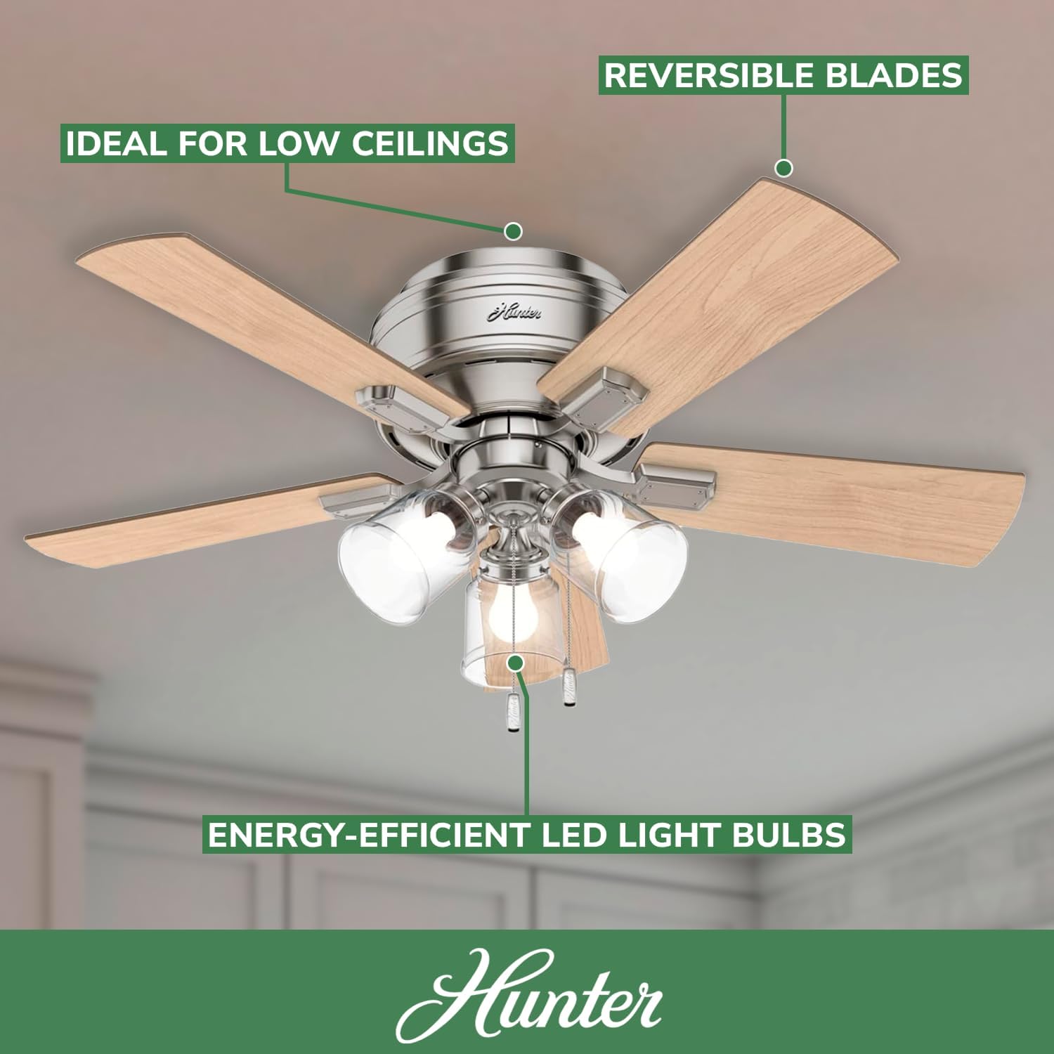 Hunter 42 inch Indoor Ceiling Fan with LED Lights and Pull Chain - Low Profile Flush Mount Ceiling Fan, 5 Blades, For Bedroom, Living Room, or Kitchen, Quiet - Crestfield 52154, Brushed Nickel