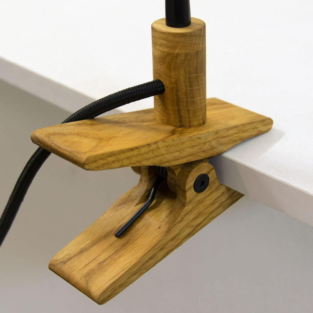 Wooden Clamp Table Lamp - Led Wood Desk Modern Lamps for Reading. Vintage Unique Bedside Clip Light for Living Room, Bedroom, Office. Mid-Century Scandinavian Design.