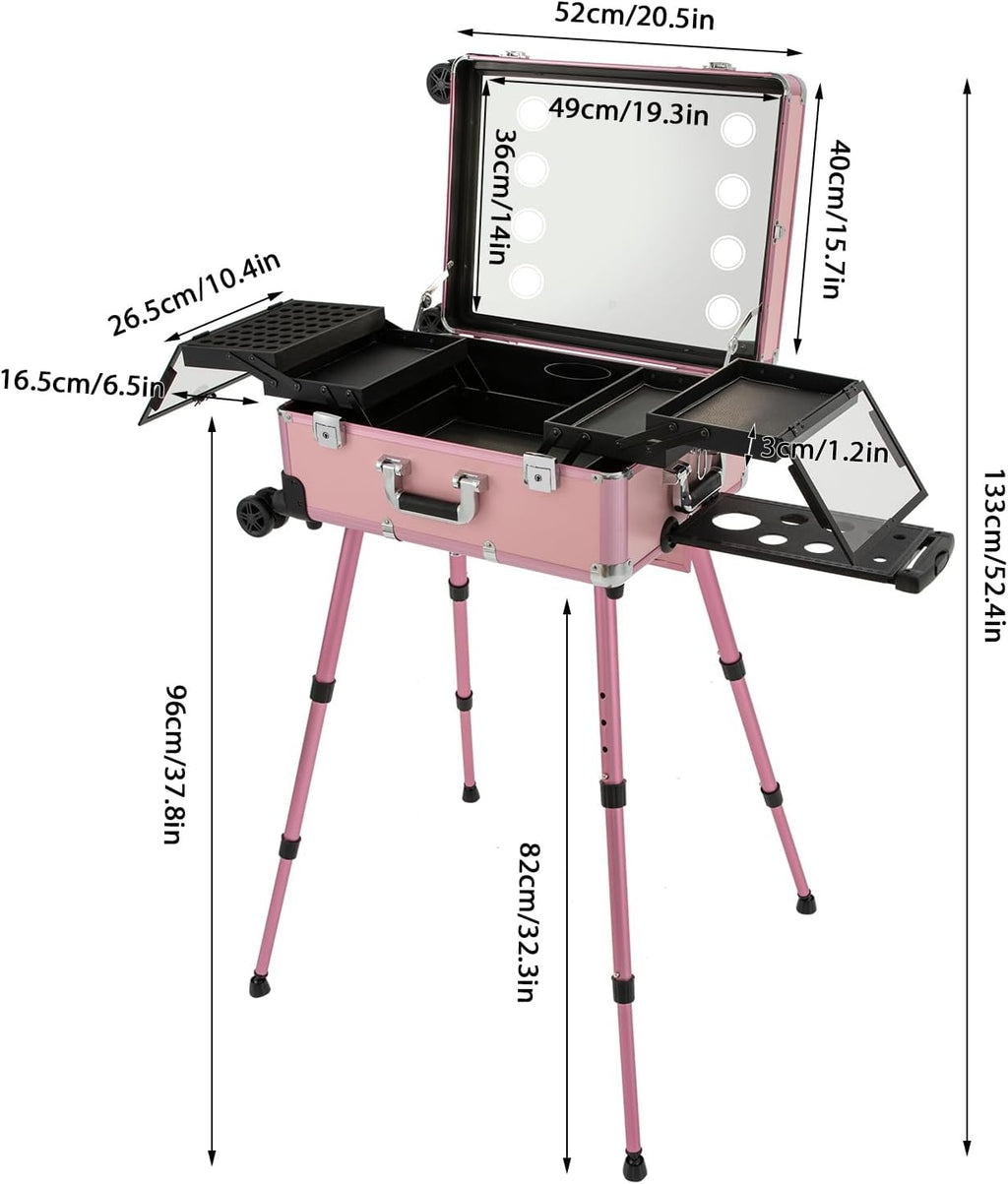 Aluminum Trolley Makeup Train Case with LED Light & Mirror,Professional Travel Cosmetic Organizer Box with Retractable Legs, Rolling Lighted Makeup Vanity Station for Salon Barber (Pink)