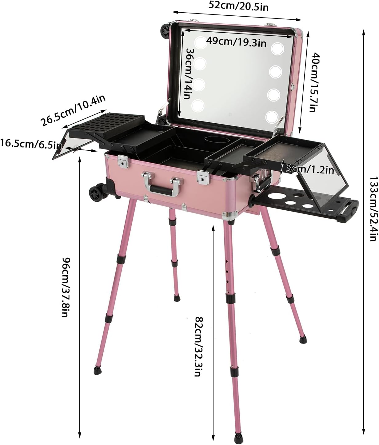 Aluminum Trolley Makeup Train Case with LED Light & Mirror,Professional Travel Cosmetic Organizer Box with Retractable Legs, Rolling Lighted Makeup Vanity Station for Salon Barber (Pink)