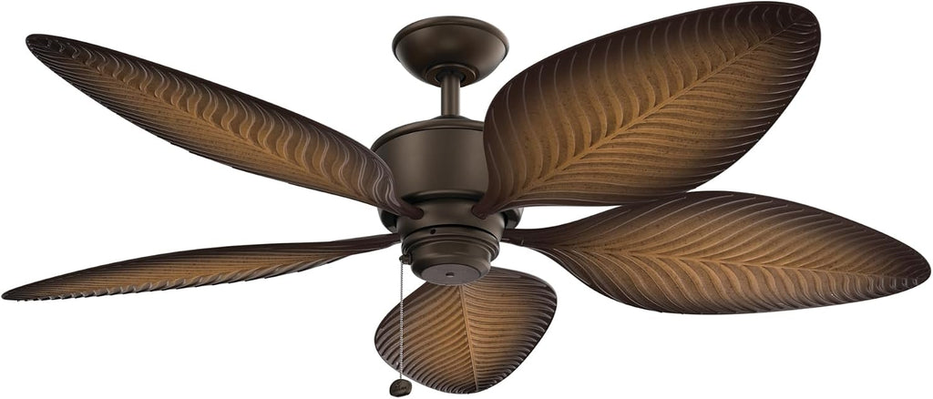 Kichler Nani 56 in Outdoor Ceiling Fan Weather+ 5 Blade AC Motor with Pull Chain in Satin Natural Bronze and Ivory with Walnut Blades for Covered Patios, 310095SNB