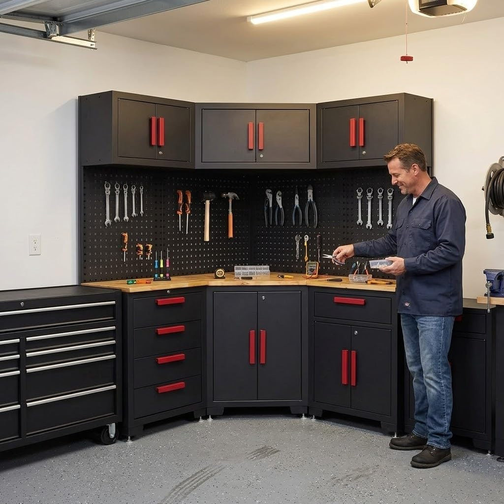 Corner Workshop Set,10Pcs Garage Cabinets and Storage System with Corner Cabinet, Cabinet Drawers, Workbench, Pegboard for Tool Organization, Red Handle