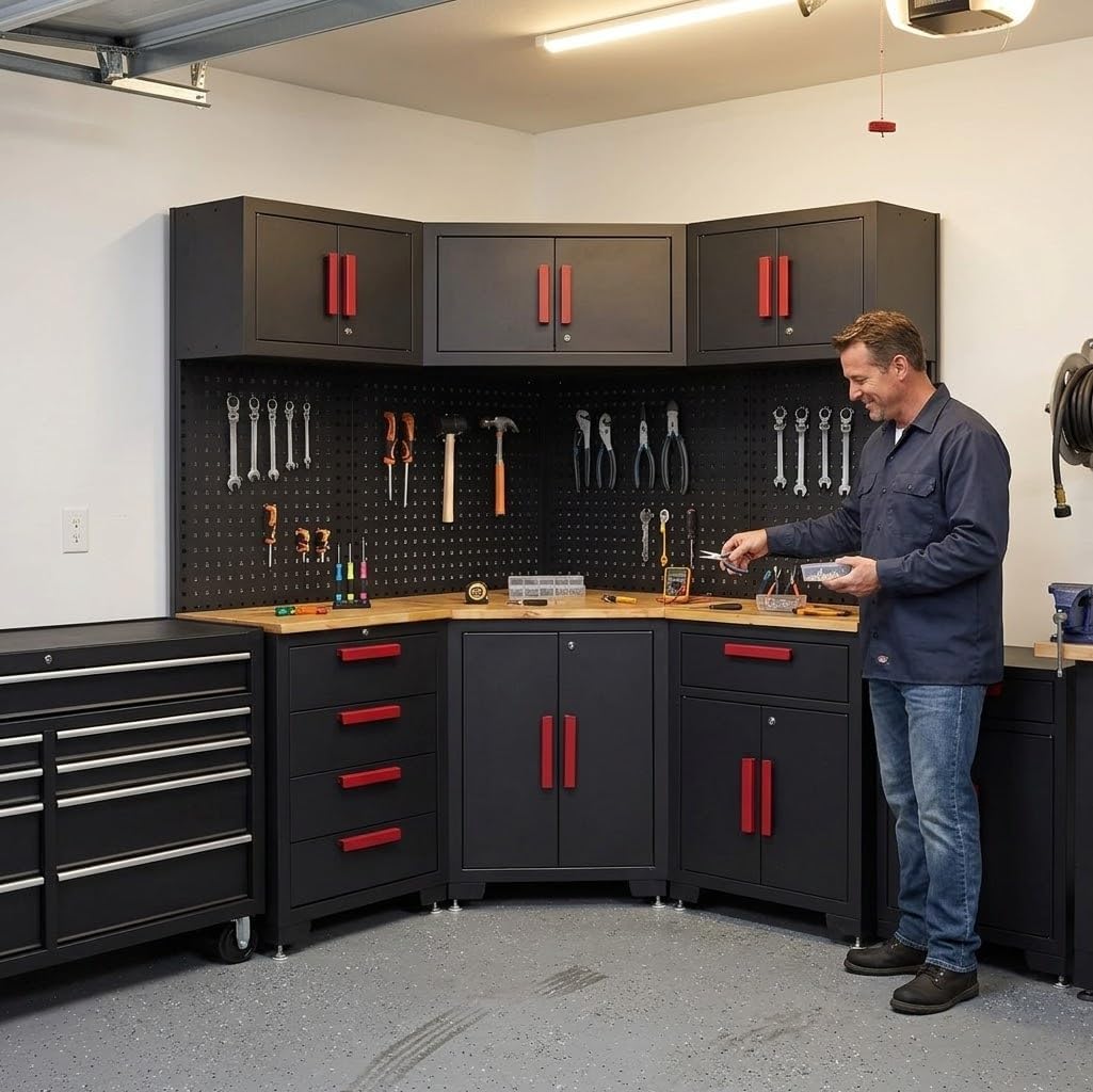 Corner Workshop Set,10Pcs Garage Cabinets and Storage System with Corner Cabinet, Cabinet Drawers, Workbench, Pegboard for Tool Organization, Red Handle