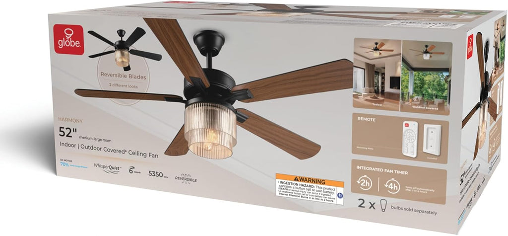 Globe Electric 37000023 52' 2-Light Ceiling Fan with Glass Shade, Remote Control, WhisperQuiet DC Motor, 6 Speeds, Matte Black, Indoor/Outdoor